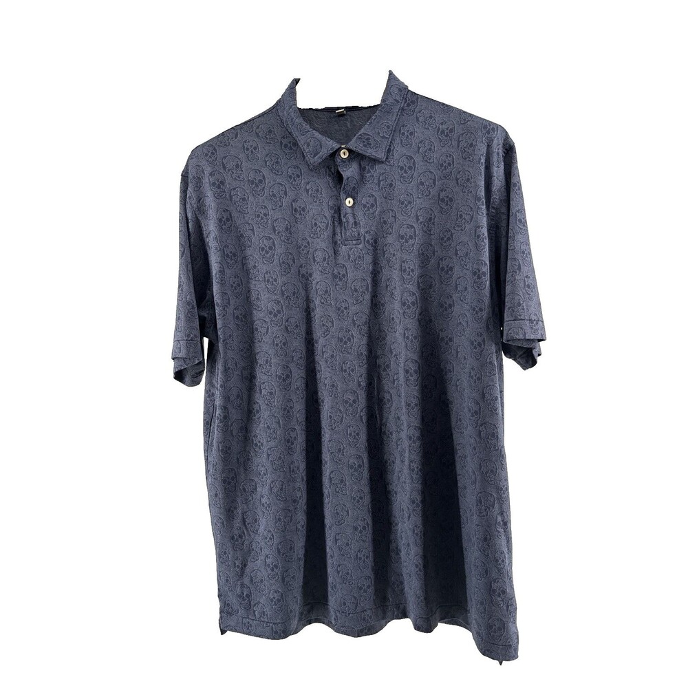 Peter Millar Skull Print AOP Men's Polo Shirt in Blue Size XL Lightweight